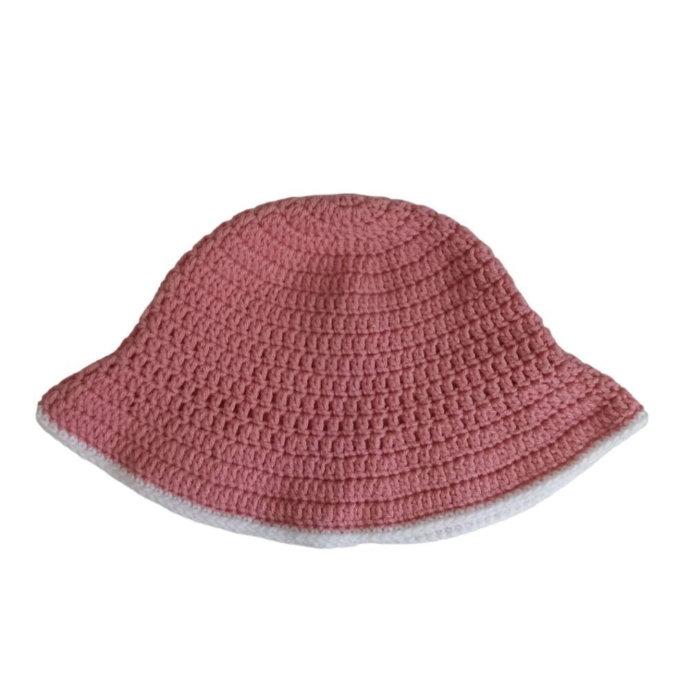 Cosmetic Pink White Trim Hand Crafted Acrylic Crochet Summer Sun Hat One Size